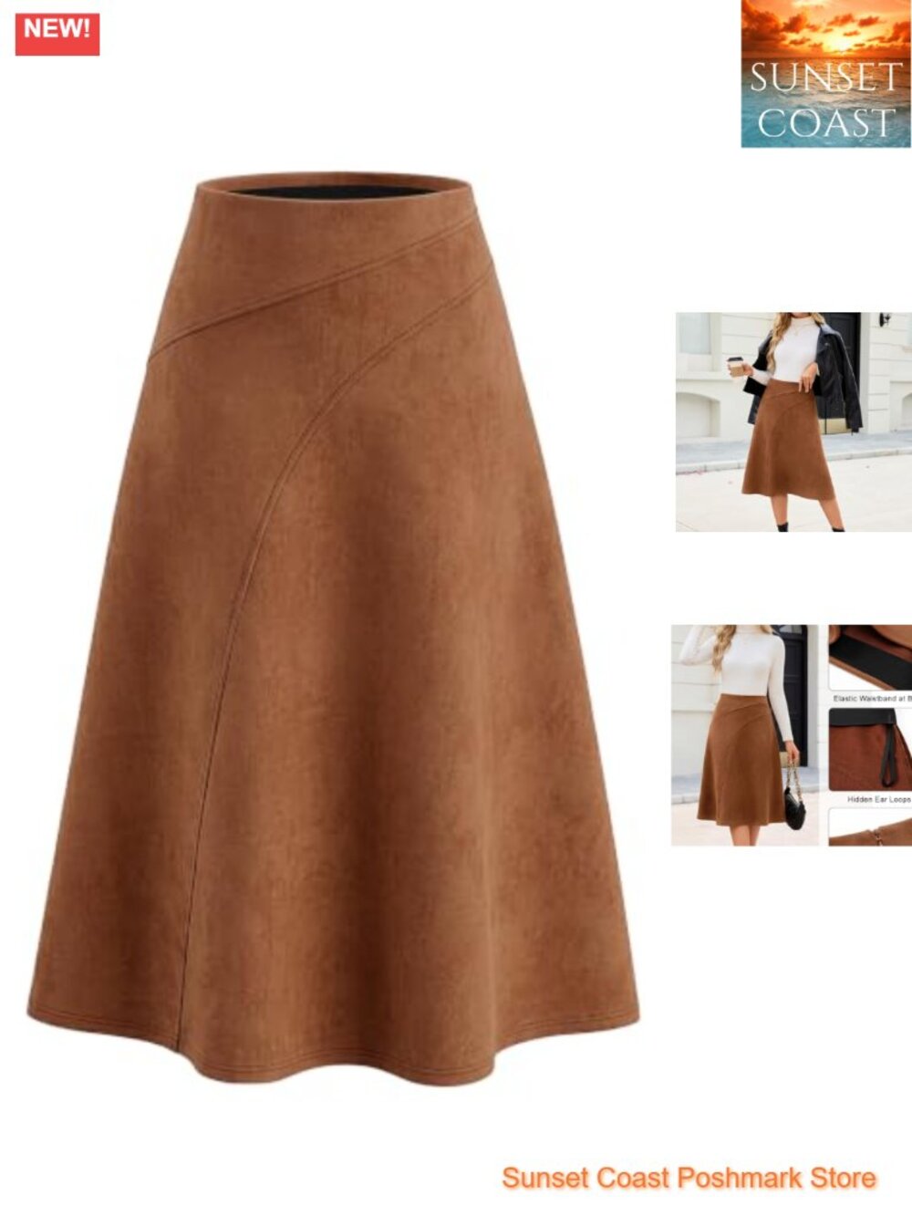 Women's Faux Suede Midi Skirt High Waist A-Line